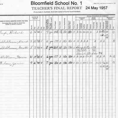 Bloomfield School No. 1, 1957 Teacher's Report