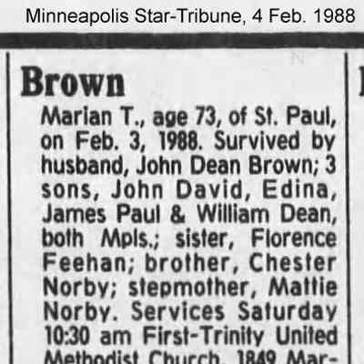 Obituary, Marian Thelma (Norby) Brown: Minneapolis Star-Tribune, 4 February 1988, courtesy of Newspapers.com