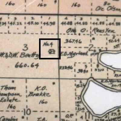 1900 map, northeast portion of N Caledonia (later Bingham) Township, Traill County, ND: Belmont School No. 4 was located in the east-half of Sect. 3