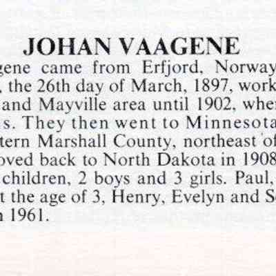 Family history, Johan Vaagene: Page 200, Traill County History "Yesteryears", Vol. I