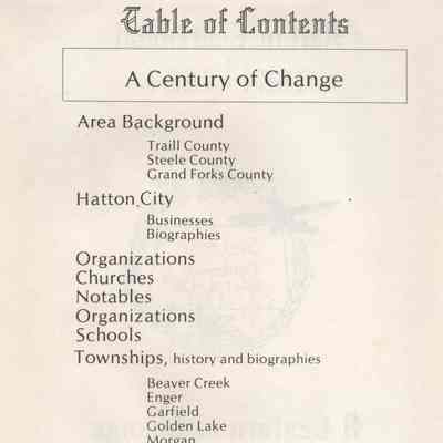 Hatton Centennial, 1884-1984, A Century of Change: Book Table of Contents, page 2