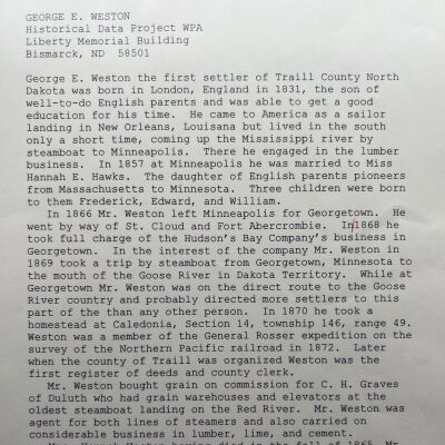 Weston family: George E. Weston, 1870 first settler of Traill County by Caledonia, Dakota Territory