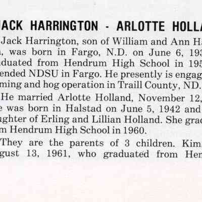 Hendrum Centennial, 1882-1982, book, page 196, Column 2: Jack and Arlotte (Holland) Harrington, page 1