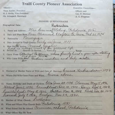 Herbrandson family: Emma Herbrandson, pioneer woman, arriving in Traill County in 1877