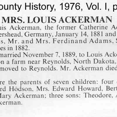 Traill County History "Yesteryears", 1976, Vol. I: Information on Catherine (Katie) Adams, Mrs. Louis Ackerman, page 23