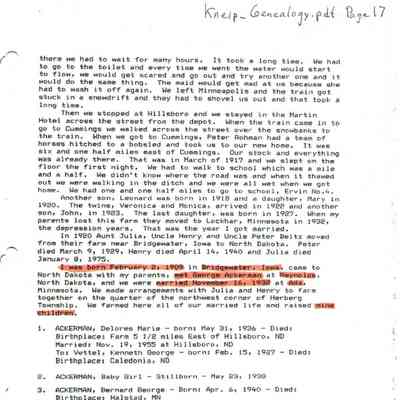 Kneip_Genealogy.pdf by Karen (Fleischer) Ackerman courtesy granddaughter Jackie (Ausk) Baumgartner: Information by Agnes Kneip on John Peter (JP) Jr. & Margaret (Beitz) Kneip, page 17