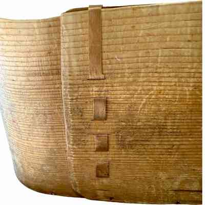 Norwegian wooden box used by Mari Swenson of Hillsboro, North Dakota: Wooden box, 18" by 12" & 8" high, view of binding