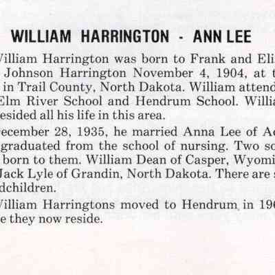 Hendrum Centennial, 1882-1982, book, page 197, Column 1: Brief life history of William Harrington. and Ann Lee