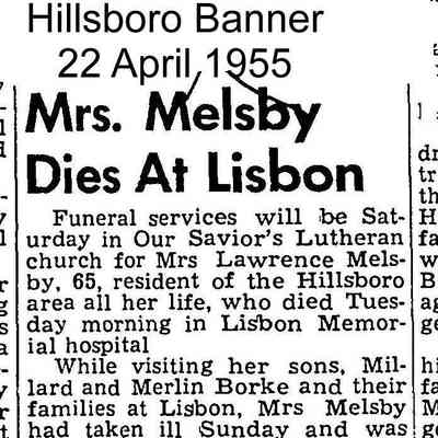 Obituary, Laura (Norby) Borke Melsby: Hillsboro Banner, 22 April 1955