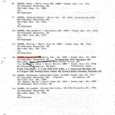 Adams_Genealogy.pdf by Karen (Fleischer) Ackerman courtesy granddaughter Jackie (Ausk) Baumgartner: Information on Ferdinand John Adams Sr. and Anna Maria Ackerman, page 3
