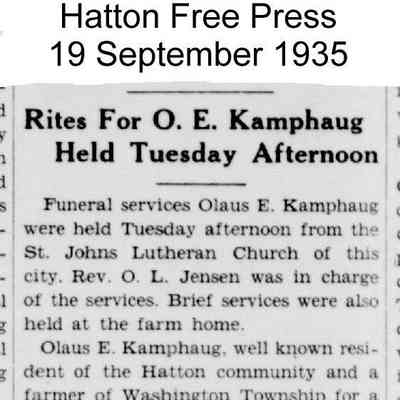 Hatton Free Press weekly newspaper, 19 September 1935: Obituary, O. E. (Ole Eriksen) Kamphaug