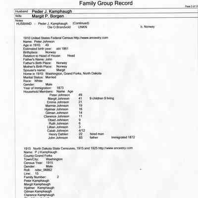 Family Group Record, 25 June 2010, courtesy Linda Hardesty: Peder J. Kamphaug and Margit P. Borgen family, page 3 of 13