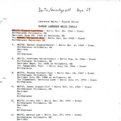 Beitz_Genealogy.pdf by Karen (Fleischer) Ackerman courtesy granddaughter Jackie (Ausk) Baumgartner: Information on Eugene Beitz and Margaret Adams, and children, page 29