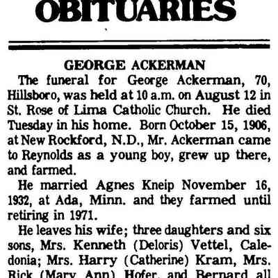 Hillsboro Banner, 25 August 1977: Obituary, George Valentine Ackerman Jr.