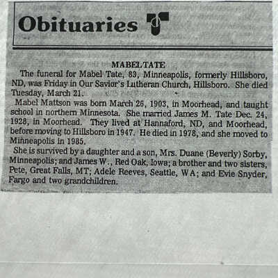 Obit for Mabel (Mattson) Tate