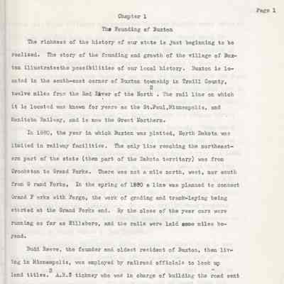 History of Buxton, North Dakota, by Eveline Kloster, 1920 UND Graduate: Document Chapter 1, page 1
