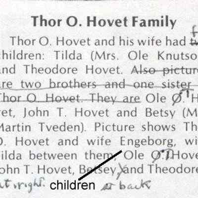 Thor O. Hovet Family, page 82, Buxton 1884-1984 Centennial book: Family photo description with annotated corrections