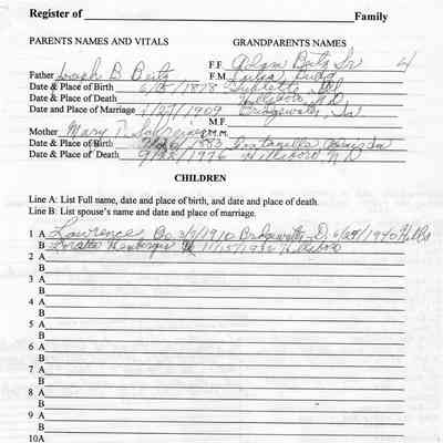 Family Register, courtesy a descendant of Lawrence Beitz, grandson of Adam and Julia (Burg) Beitz: Information for Lawrence Beitz, son of Joseph and Mary (Schreiner) Beitz