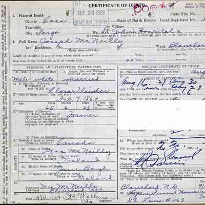 Certificate of Death, Joseph (Joe) McNeilly, courtesy Ancestry.com: St. John's Hospital, Fargo, Cass County, ND