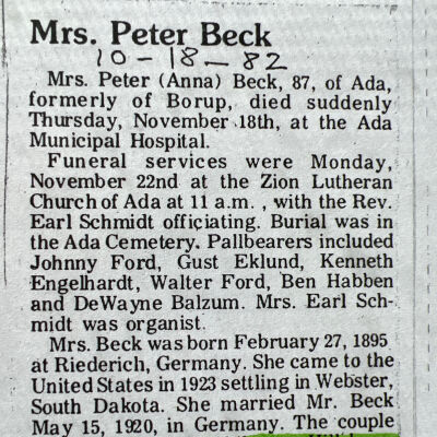 Obituary, Anna Wenzelburger Beck