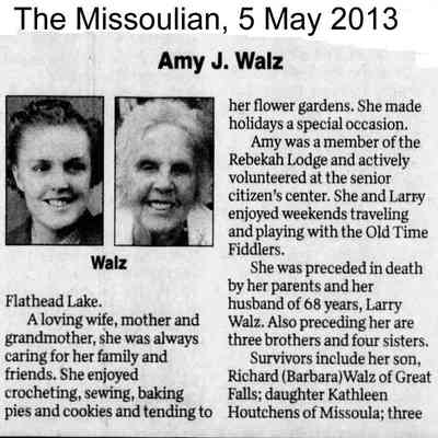 Obituary, Amy Judith (Hagen) Walz: The Missoulian, 5 May. 2013, courtesy Newspapers.com