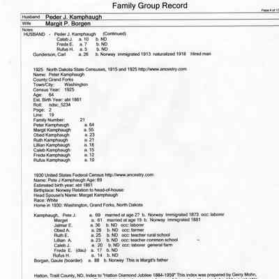 Family Group Record, 25 June 2010, courtesy Linda Hardesty: Peder J. Kamphaug and Margit P. Borgen family, page 4 of 13