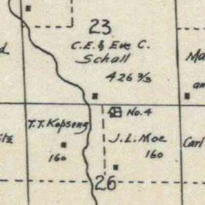 1900 map, portion of Garfield Township, Traill County, North Dakota: Garfield School No. 4 was located in the NE Qtr. of Sect. 26