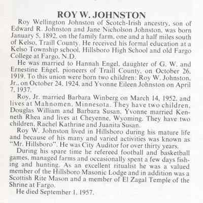 Johnston family: Roy W. and Hannah (Engel) Johnston of Hillsboro, Traill County, North Dakota