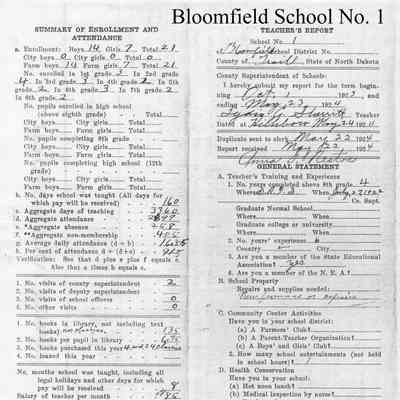 Bloomfield School No. 1, 1924 Teacher's Report: Lydia Sherritt, Teacher