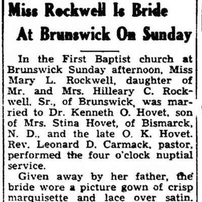 15 August 1952, Semi-Weekly News, Frederick, Maryland: Mary Rockwell marries Dr. Kenneth Hovet