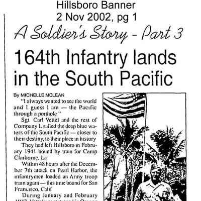 Page 1, Hillsboro Banner, 2 November 2002: Soldier Carl Vettel letters home article by Michelle McLean, part 3