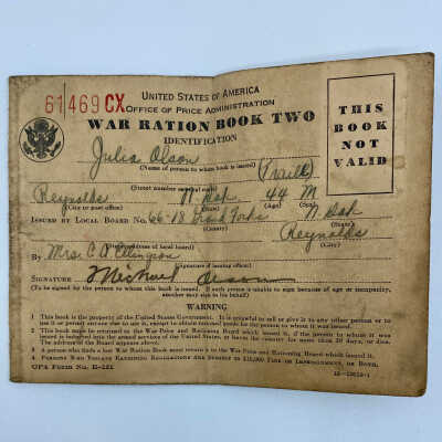 WW II Ration Book issued to Julia Olson of Reynolds, Traill County, ND, by Mrs. C. A. Ellingson