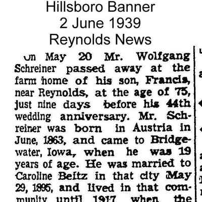 Reynolds news, Hillsboro Banner weekly newspaper, 2 June 1939, page 6: Death of Wolfgang Schreiner