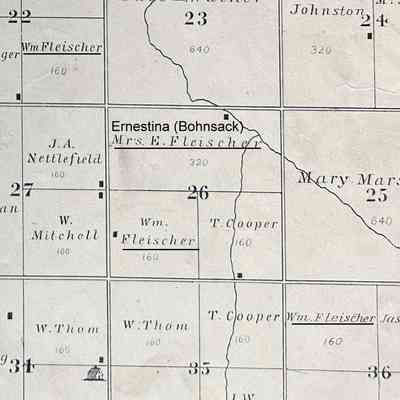 Wm Fleischer's land in Sections 22, 26 and 36: 1892 Plat map of the SE portion of Bohnsack Township in Traill County, ND