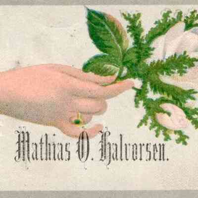 Calling card: Mathias O. Halvorsen, mercantile businessman, late 1800s & early 1900s, Buxton, ND