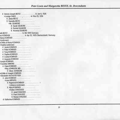 Descendants chart, page 21, courtesy a descendant of Lawrence Beitz, grandson of Adam and Julia (Burg) Beitz: More descendants of Maggie Beitz and John Peter Kneip Jr