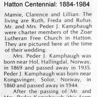 Family history, courtesy Hatton Centennial, 1884-1984: A Century of Change, page 384: Johannes Kamphaug family information, part 2