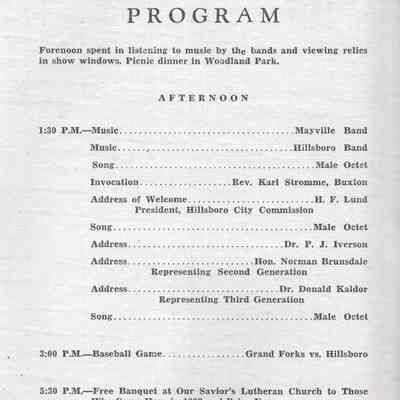 Diamond Jubilee Celebration, 1946, Hillsboro, Traill County, North Dakota: Program, page 2