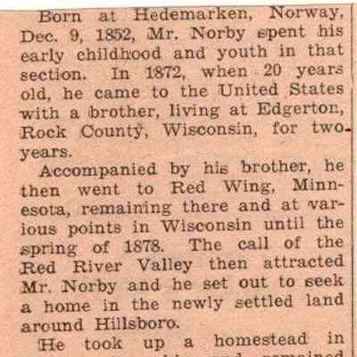 Obituary, Column 2, Ole Norby, Pioneer in Traill County, Dakota Territory: Hillsboro Banner, 31 August 1934