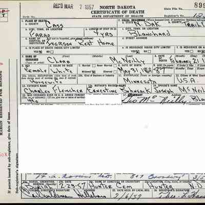 Certificate of Death, Clara (Fleischer) McNeilly, courtesy Ancestry.com: Iverson Rest Home, Fargo, Cass County, ND