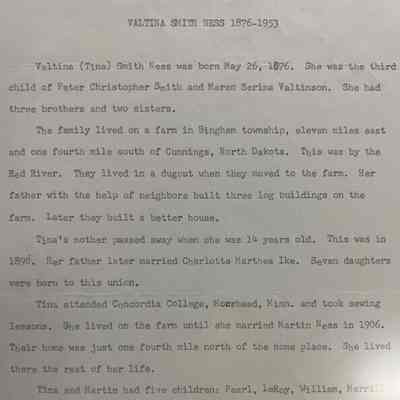 Smith family: Tina Smith (Mrs. Martin Ness), pioneer daughter, Bingham Township, Traill County, DT