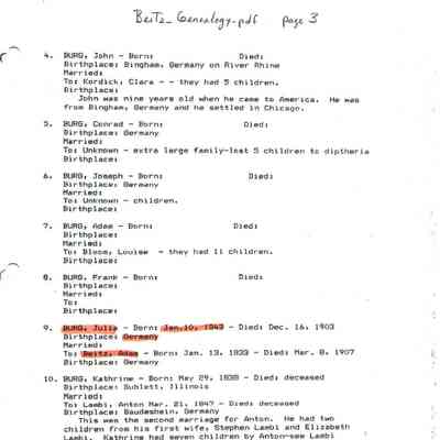 Beitz_Genealogy.pdf by Karen (Fleischer) Ackerman courtesy granddaughter Jackie (Ausk) Baumgartner: Information on Julia Burg, ninth child of Conrad and Katherine Burg, page 3