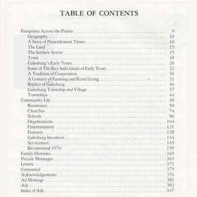 Galesburg Centennial, 1882-1982, Footprints Across the Prairie: Book Table of Contents, page 8