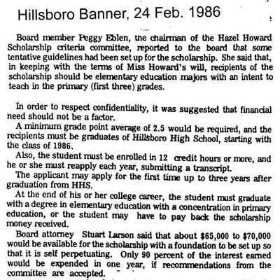 Hazel Howard, 1927-1966, Elementary School Teacher, Traill County: Scholarship news, courtesy 24 February 1986 Hillsboro Banner
