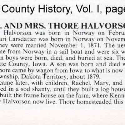 Traill County History, Vol. I, page 73: Thore and Kari (Larsdatter) Halvorson family history