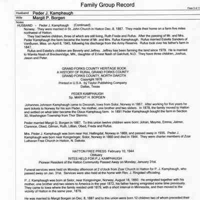 Family Group Record, 25 June 2010, courtesy Linda Hardesty: Peder J. Kamphaug and Margit P. Borgen family, page 5 of 13