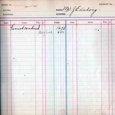 Henning Hardware, Hillsboro, ND: Ledger Book, 1928-1929: Entry for Mr. J. E. Ludwig on 12-11-28 written as "To acct. rendered"