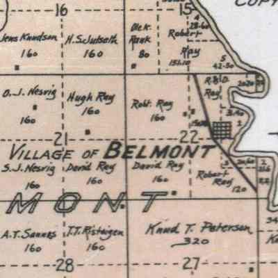 1900 map, southeast portion of Belmont Township in Traill County, ND: Belmont School No. 3 was located in the Village of Belmont
