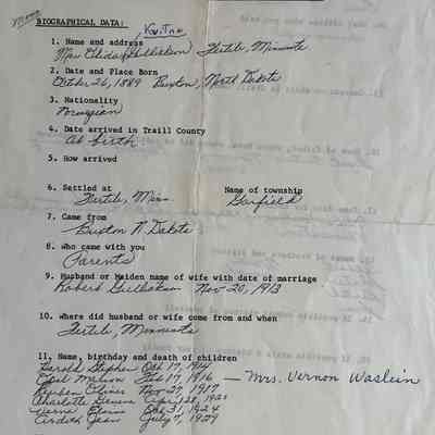 Kvitne family: Olida Kvitne (Mrs. Robert Gullickson), daughter of pioneers of Buxton Township, Traill County, DT