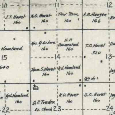 1900 plat map of E. Buxton (Stavanger) Township, Traill County, ND: Knudt O. Hovet homestead in the NE Qtr. of Sect. 23